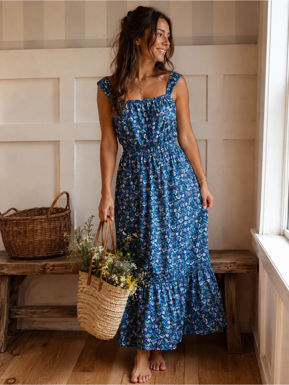 LOFT Blue Floral Maxi Dress with Square Neck and Smocked Waist Large